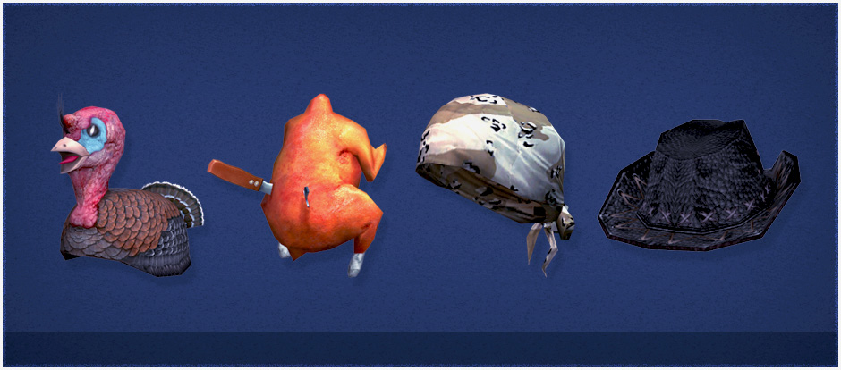 

		  <div class='turkeyslide'>Capacete Peru</div>
		  <div class='turkeyslide'>Mochila Peru</div>
		  <div class='turkeyslide short'>Bandana Camuflada</div>
		  <div class='turkeyslide last'>Chapéu Cowboy (Item de Evento)</div>

		  